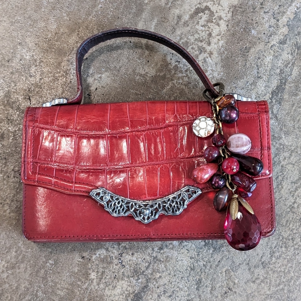 Brighton Leather Croc Embossed District Organizer Clutch Top Handle Gem Bag Red